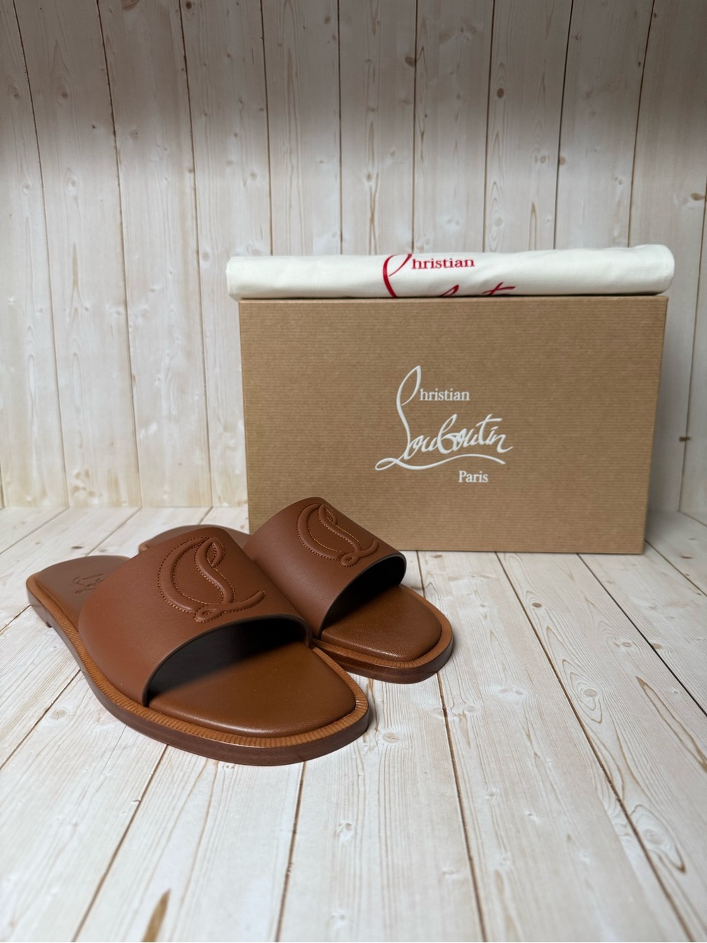 Christian Louboutin CL Leather Mule Flat Slide Sandals Cuoio Brown Sz 38.5 / 8.5